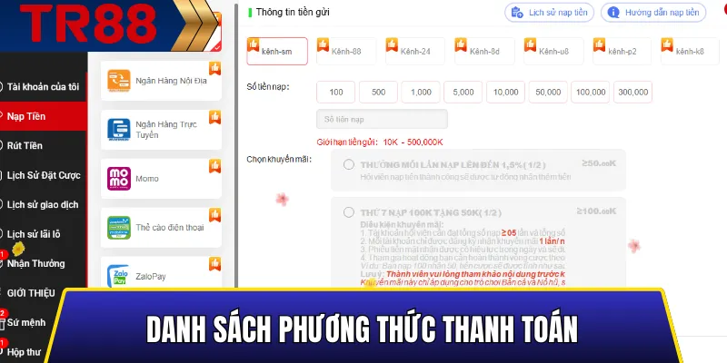 Danh sách phương thức thanh toán