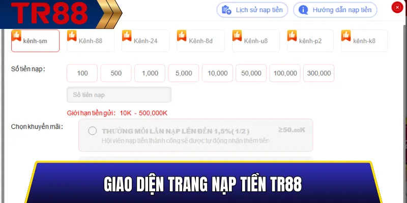 Giao diện trang nạp tiền TR88